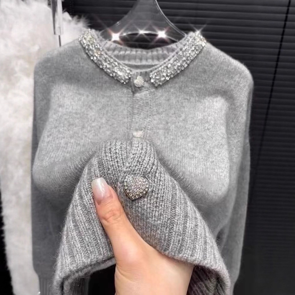 2025 Autumn/Winter Fashion Heavy Embellished Diamond Round Neck Knitted Cardigan Sweater for Women French Gentle High-End Knitwear