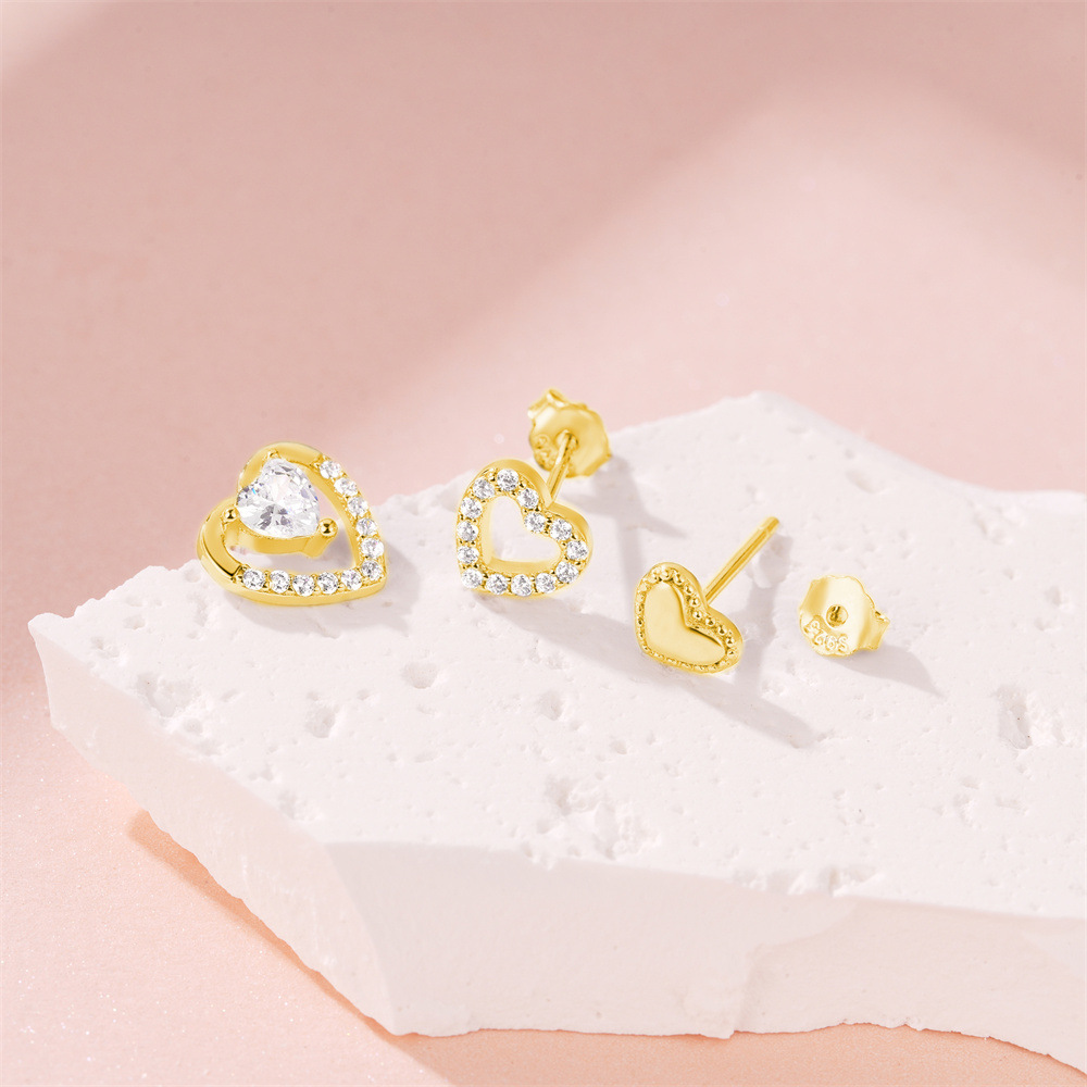925 Sterling Silver Material 3 Pieces Set 925 Sterling Silver Zircon Heart Shape Ear Studs