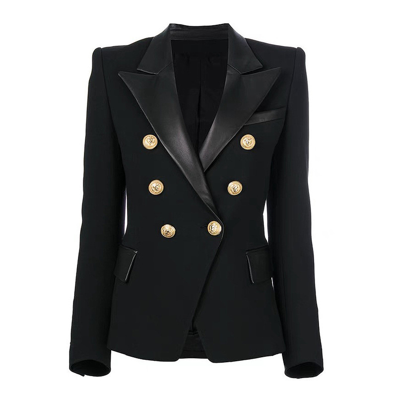 23147 In-Stock Spring and Autumn New Fashion Patchwork Pu Leather Slim-Fit Long-Sleeve Lapel Double-Breasted Blazer Jacket