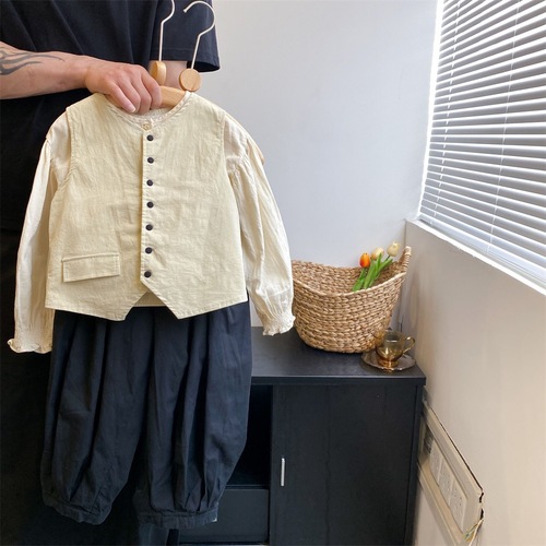 2024 spring new style girls' stylish vest vest suit Korean style temperament puff sleeve shirt lantern long pants