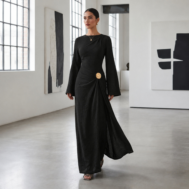 Elegant Women's Fashion for Export: Waist-Cinching Long Dress with Textured Twist Decoration and Flared Sleeves, Ankle-Length Workwear Dress Elegant Women's Fashion for Export: Waist-Cinching Long Dress with Textured Twist Decoration and Flared Sleeves, Ankle-Length Workwear Dress