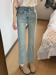 浅色微喇牛仔裤女2025秋新款高腰修身显瘦小个子弹力九分喇叭裤