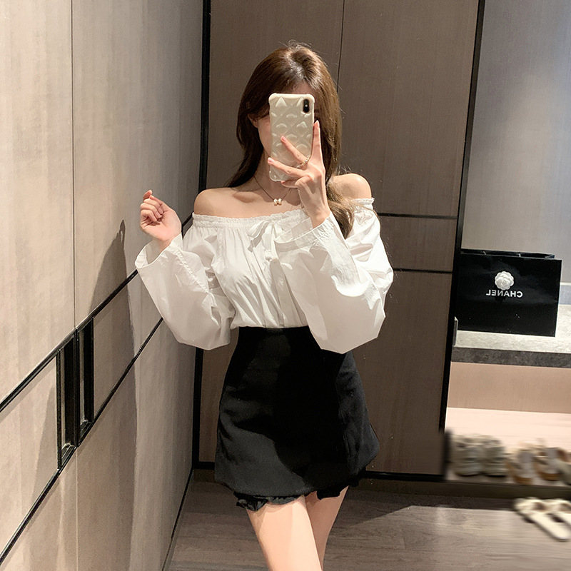 Free Shirt Set One-Shoulder Long-Sleeved Stripesd Short Top for Women Summer