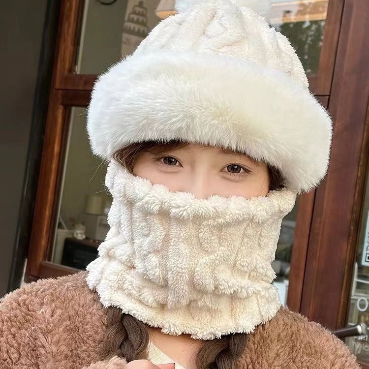 新款加绒加厚帽子围脖一体女秋冬季骑车防风防寒电动车保暖针织帽