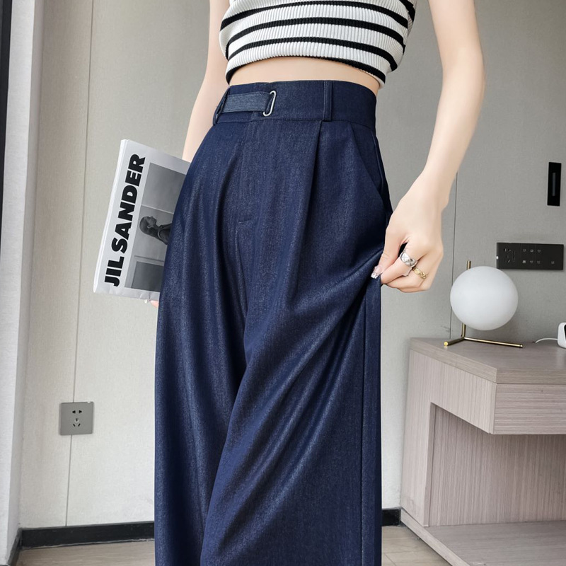 天丝软牛仔裤女夏季薄款小个子松紧高腰显瘦直筒垂感冰丝阔腿长裤|undefined