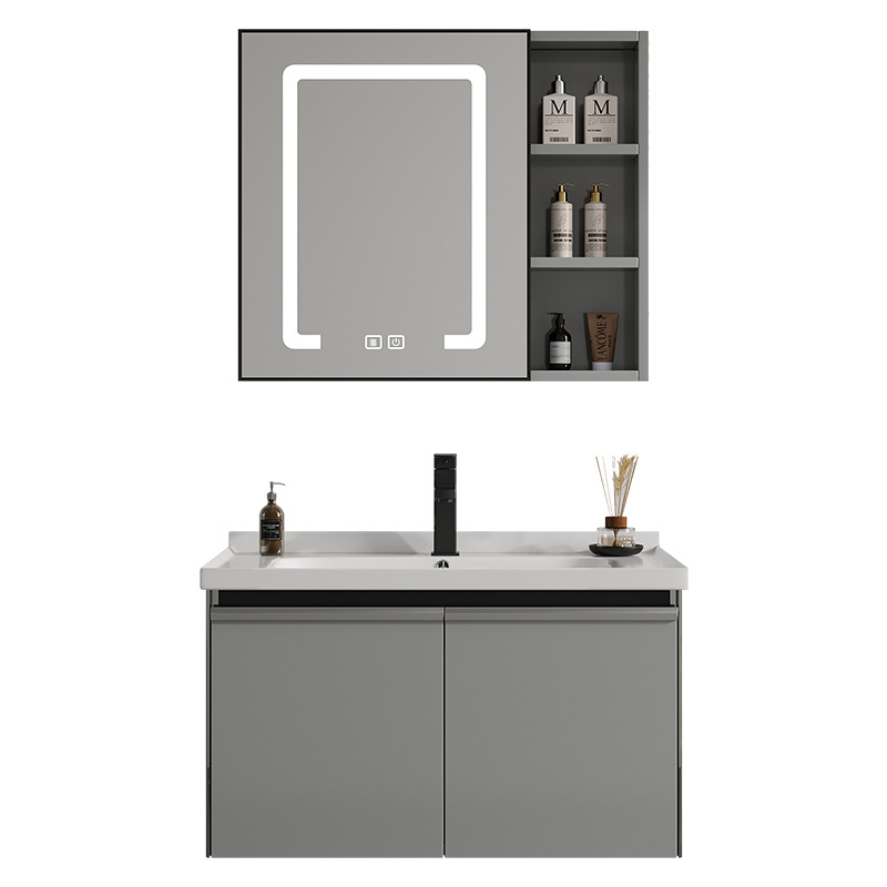 Engrosado espacio integrado de aluminio mueble de baño lavabo combinación de gabinete de cerámica montado en la pared de baño mesa de lavado