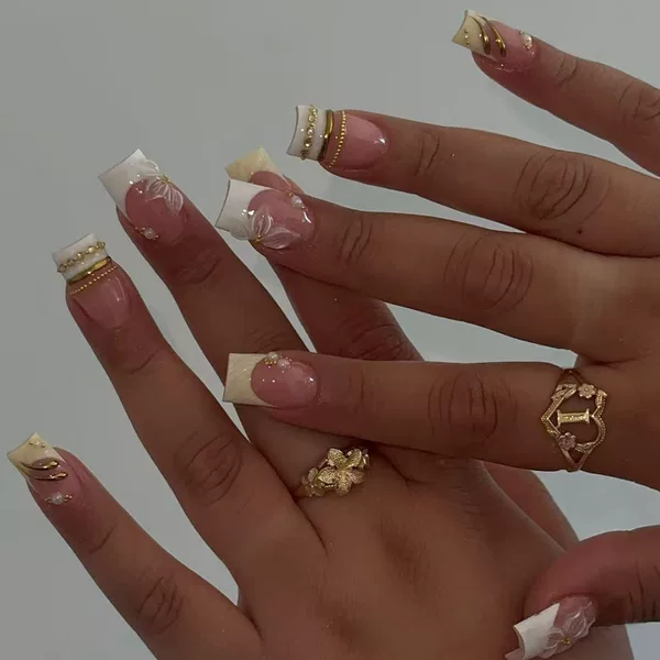 French-style three-dimensional carved gold-plated manicure, gentle and elegant, foreign trade model, chain-studded, high-end fake nails