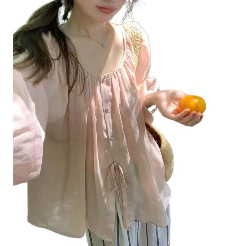 韩版轻盈感两面穿新款设计感系带慵懒风宽松衬衫|undefined