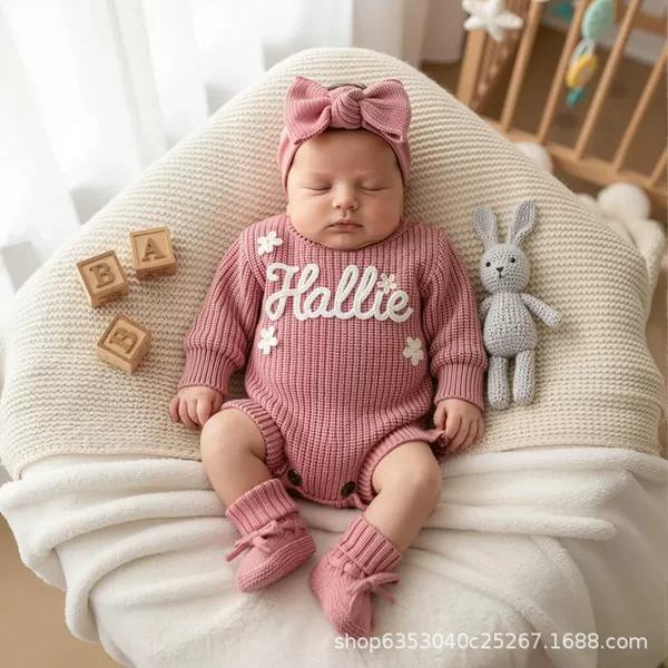 Etsy Cross-Border Handmade Embroidered Custom Letter Baby Autumn Warm Jumpsuit Romper Knitted Sweater Crawling Suit