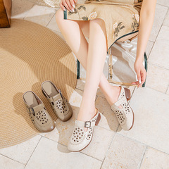 頭層牛皮夏季女涼拖粗跟涼鞋牛筋軟底軟面媽媽外穿包頭鏤空女拖鞋