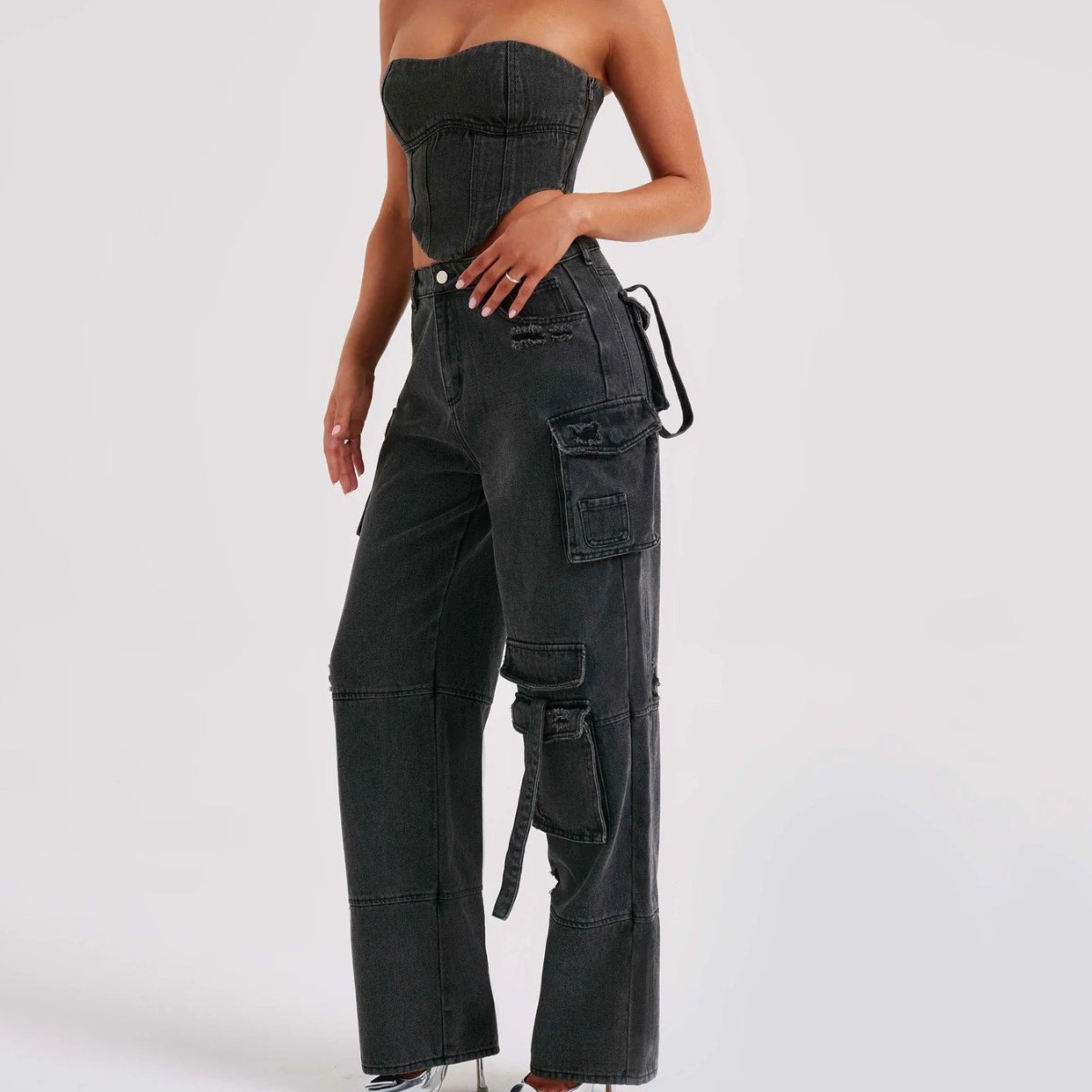 Women's Clothing low waist three dimensional pocket patchwork jeans _voghion.com