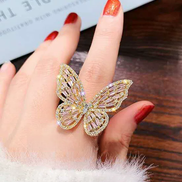 Douyin's Popular Butterfly Ring, Elegant Sparkling Diamond Open Index Finger Ring, Factory Direct Sale, 2024 New Yiwu Jewelry