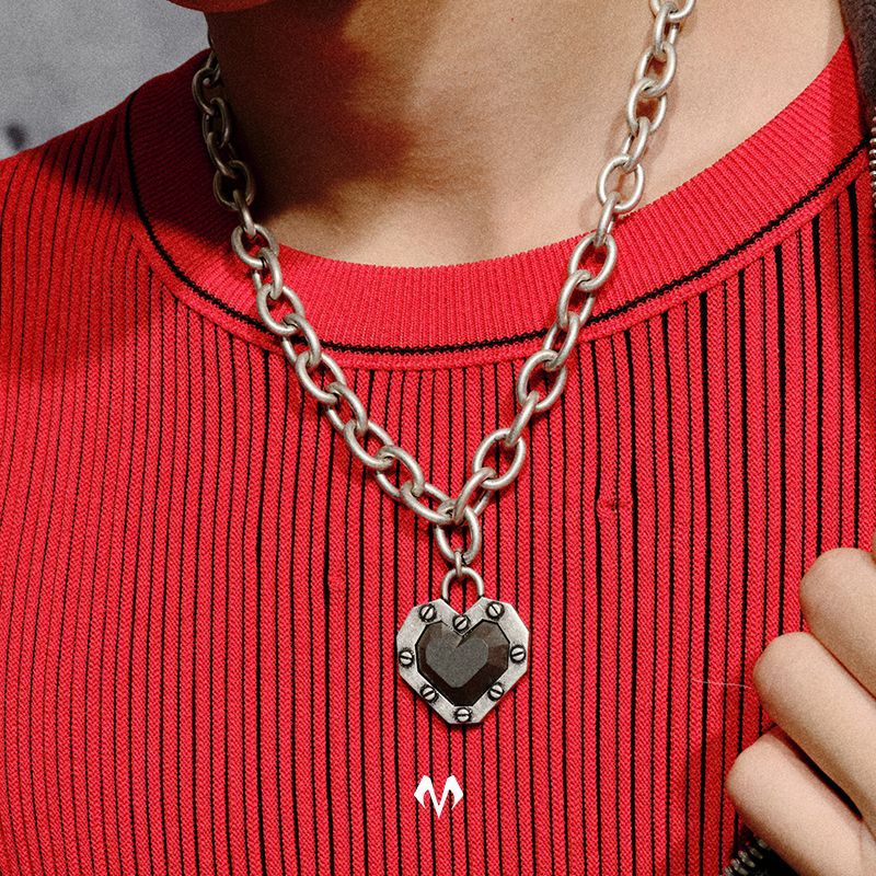 Men's Diamond Heart Necklace With Cuban Chain For Couples Grey_voghion.com