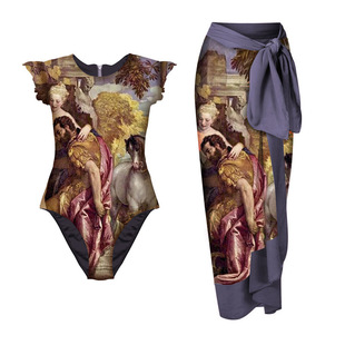 Classical Dream Retro Art Oil Painting Style Printed One-Piece Short-Sleeved Swimsuit Casual Beach Bikini with Skirt