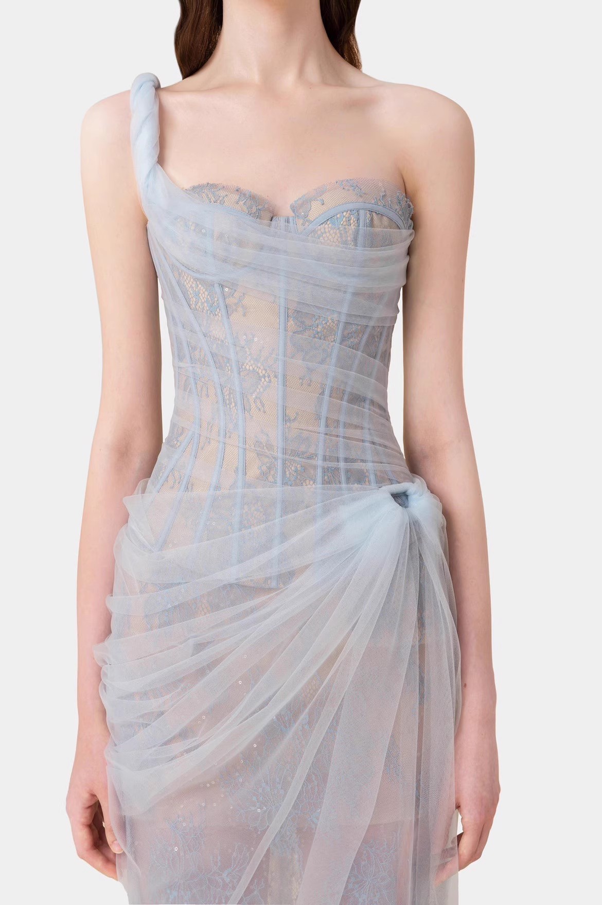 Robe bustier sophistiquée en dentelle corset avec maille transparente et taille haute – Robe midi trapèze élégante pour soirées et occasions spéciales_voghion.com