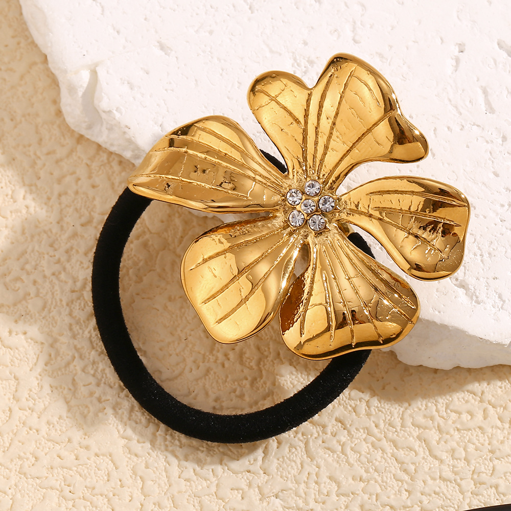 Unisex Mode temperament nische retro persönlichkeit haar zubehör edelstahl vergoldet blumen mit diamant haar seil weibliche_voghion.com