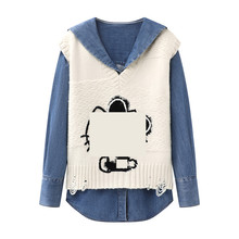 现货2025冬季新款可爱猫咪刺绣针织马甲连帽衬衫两件套71103075