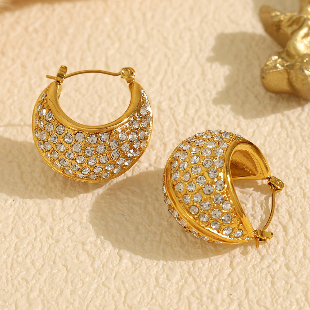 1 Pair Luxurious Series Classic Geometric Stainless Steel 18K Gold Plated Rhinestone Women Hoop Earrings 2