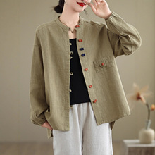 棉麻长袖衬衫外套女士春秋2025新款妈妈洋气宽松休闲亚麻开衫上衣