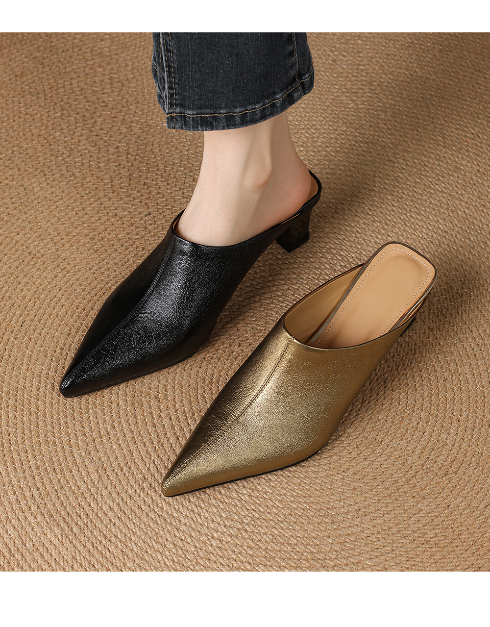 Dép mule nữ da cừu mũi nhọn cao gót 5 cm – sandal hè dáng suông — đen, vàng chi tiết 11