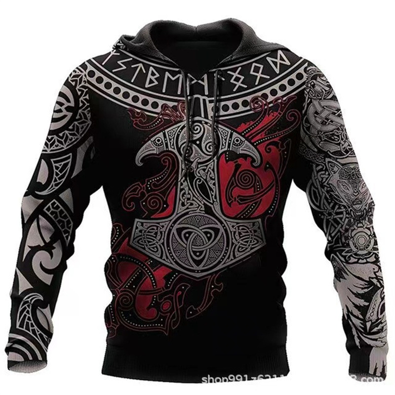 2024 Europa y América Primavera y otoño Moda nuevos hombres Viking Myth Series Cool Armor Print 3D Sudadera con capucha