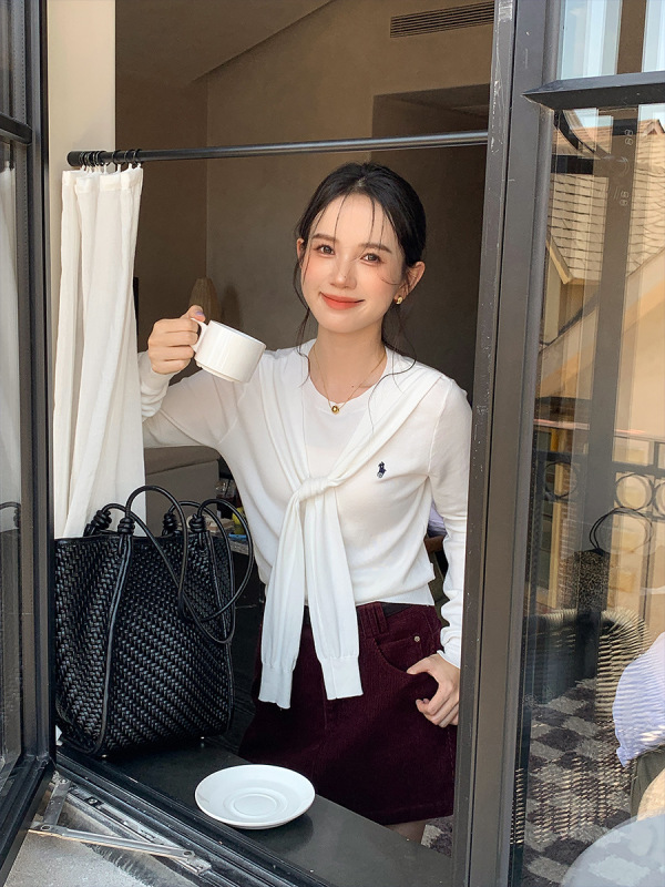 衣尔衫 好看滴！ 韩系披肩纯色刺绣针织衫女气质简约长袖正肩0518|undefined