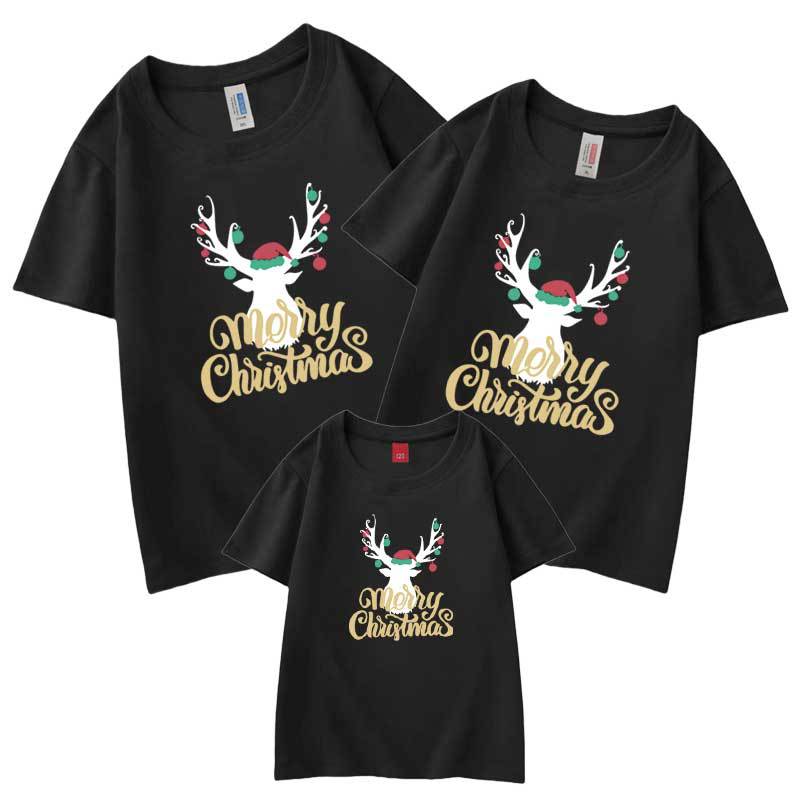 Camiseta al por mayor carta de verano cabeza de ciervo de Navidad autoproducido y vendido algodón refinado ropa de padre-hijo ropa de clase ropa para niños manga corta cuello redondo