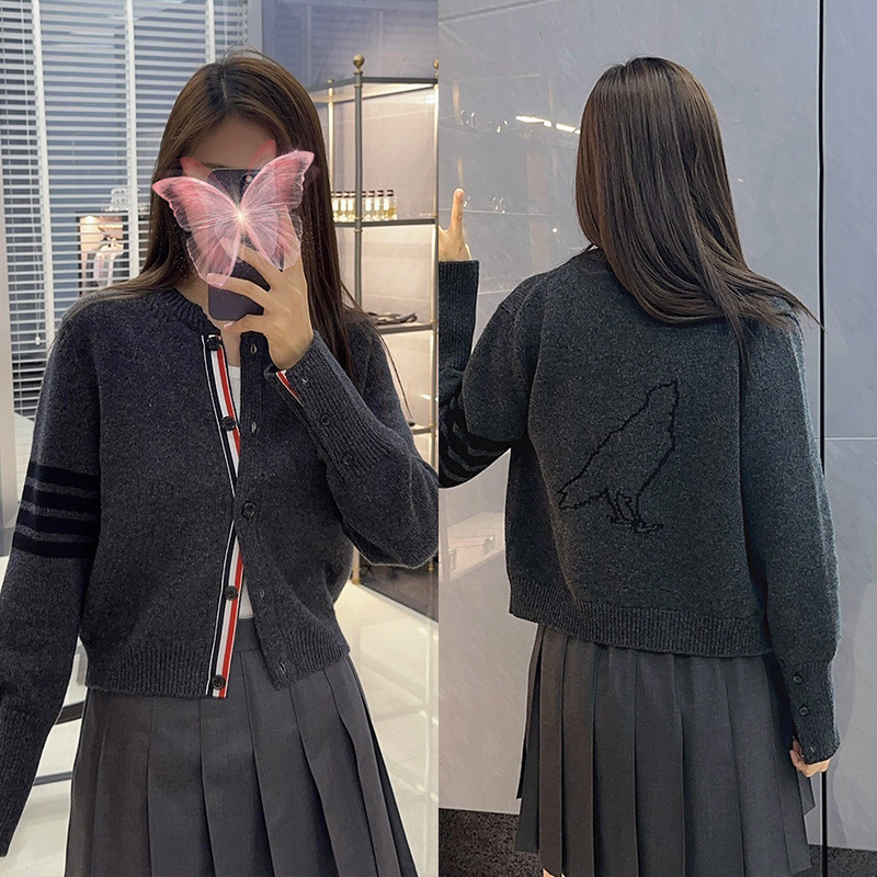 TB四道杠学院风后背小鸟刺绣针织开衫女2024秋季新款百搭减龄上衣