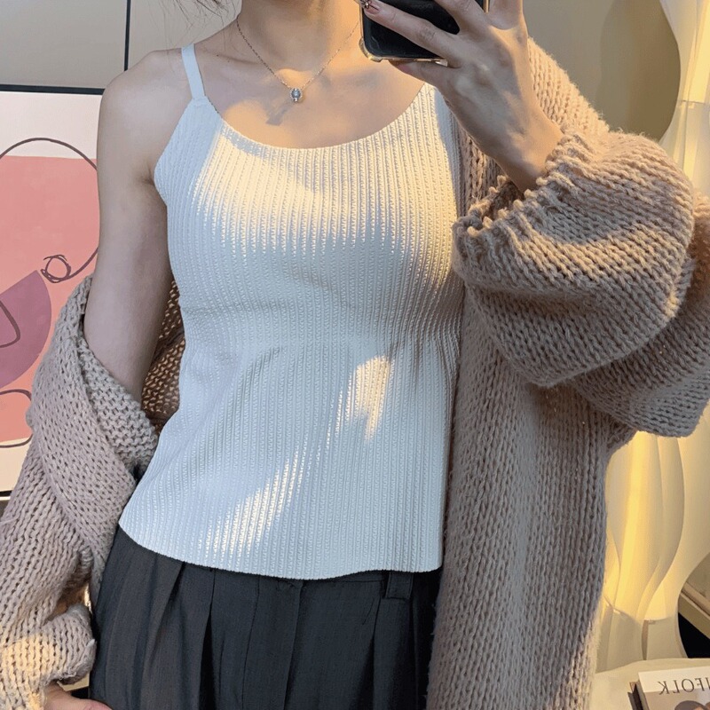 Four Seasons Slimming Base Camisole Women's Non-marking Outer Wear Beautiful Back Solid Color One-piece Chest Pad Long Top for Women