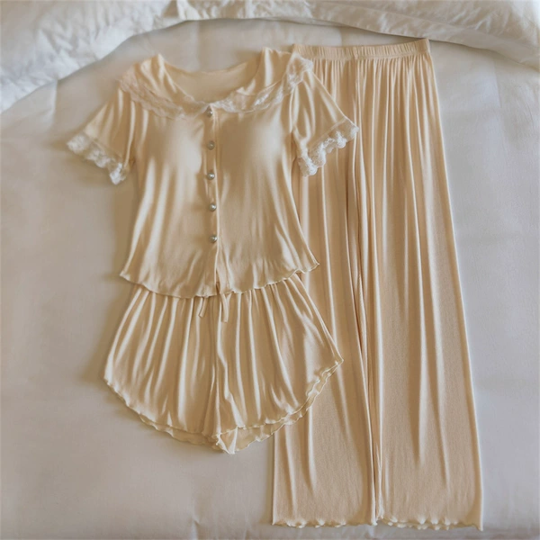 Short-sleeved three-piece set 33029# cream yellow (fixed chest pad)