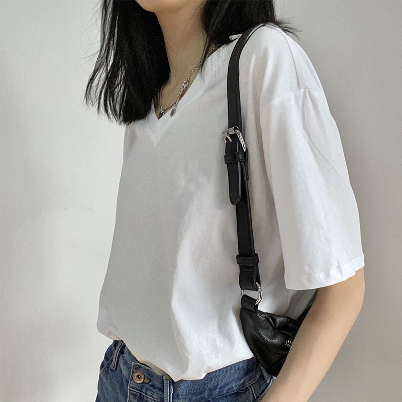 2026 New Summer Pure Cotton V-Neck White T-Shirt for Women, Short-Sleeved Solid Color T-Shirt, Straight-Cut Loose Slimming Top