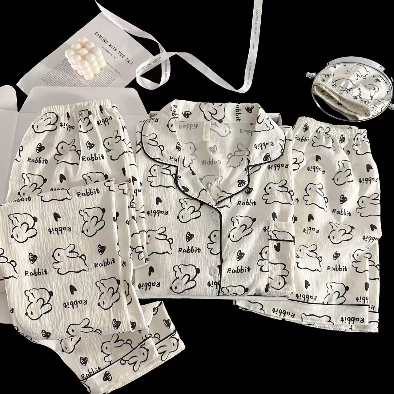 Pijamas de amor dulce de color, pantalones de manga corta de hilo de algodón de nube de verano para mujer, cárdigan de tres piezas, servicio a domicilio