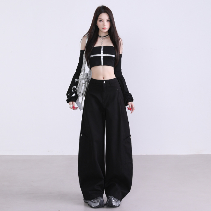 美式黑白色弯刀裤新款镰刀休闲裤女秋季显瘦百搭宽松阔腿裤长裤子|undefined