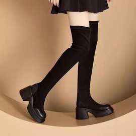 过膝靴女大筒围长筒靴粗高跟长靴厚底高筒靴小个子长靴弹力瘦瘦靴