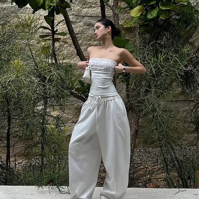 Women's Strapless Sequin Patchwork Top Slim Fit Off-shoulder White_voghion.com