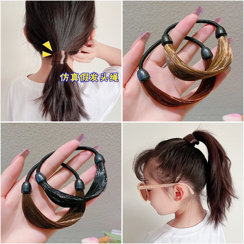 Net red new wig simulation head rope tied ponytail invisible hair band rubber band female headwear elastic leather cover hair rope