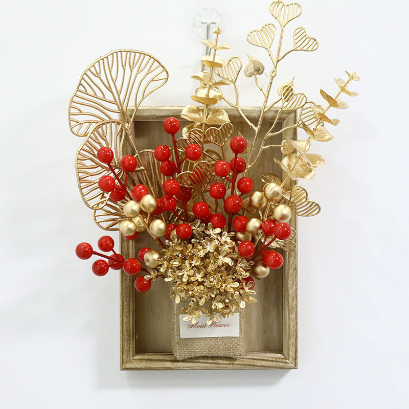 Año Nuevo cuadrado de madera colgante de pared sala de estar colgantes de pared decoración del hogar floral cuttings bayas rojas granada rica