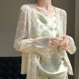 蕾丝V领长袖开衫女宽松勾花镂空薄款外套外搭洋气上衣空调防晒衫