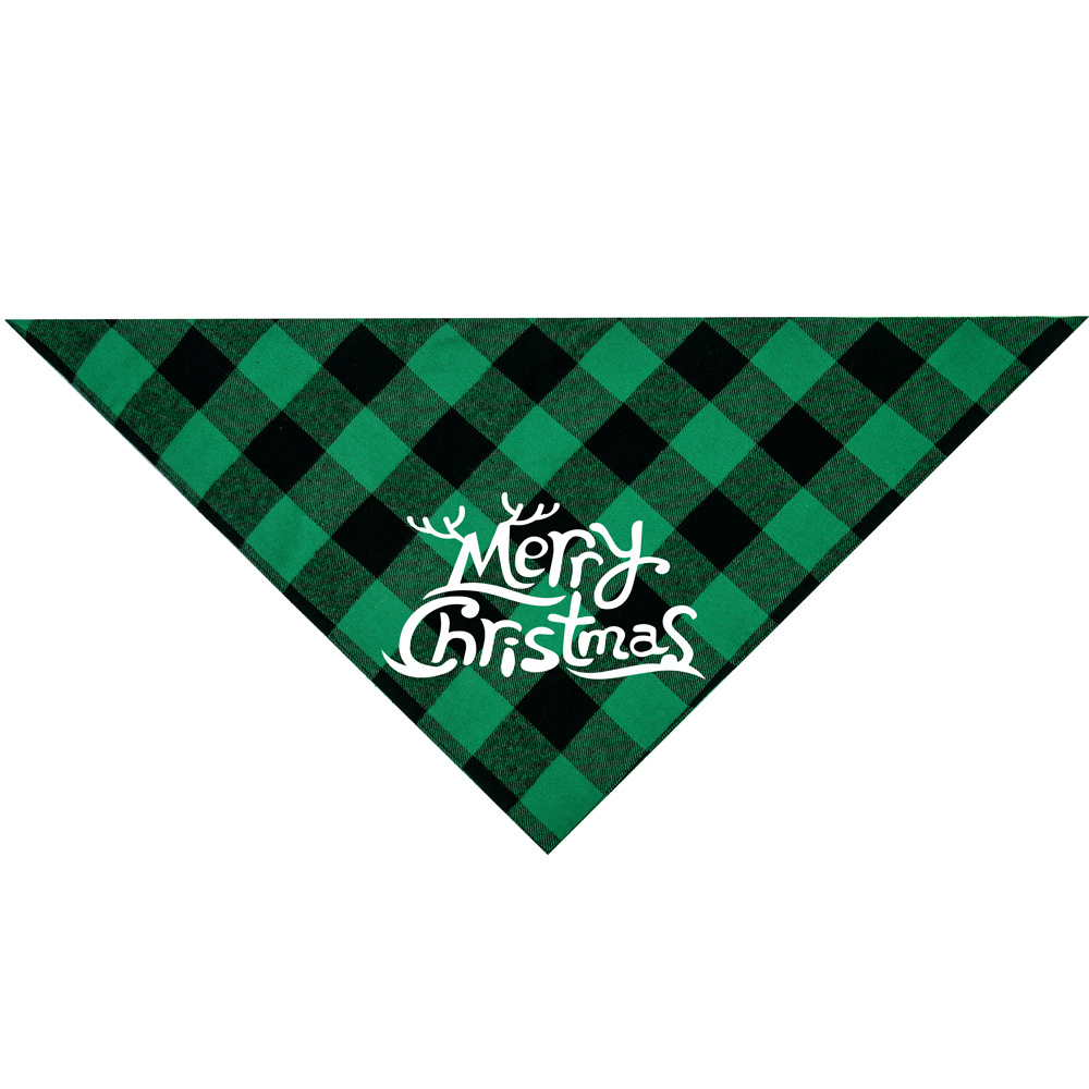 Nueva tela escocesa de algodón de doble capa transfronteriza Rojo Negro verde negro pequeño asta de Navidad Toalla de triángulo para mascotas Toalla de saliva para mascotas