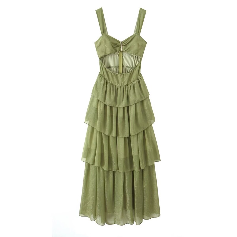 Cross-Border Supply 2025 New Summer European and American Style French Ruffled Waist Slimming Holiday Suspender Dress