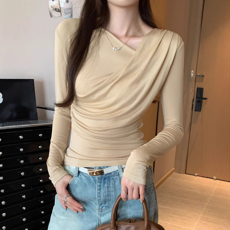 Pure Desire Asymmetrical Neck Long-Sleeve Base Shirt T-Shirt for Women Early Autumn 2025 New Unique Beautiful Waist-Cinching Ruched Slimming Top Pure Desire Asymmetrical Neck Long-Sleeve Base Shirt T-Shirt for Women Early Autumn 2025 New Unique Beautiful Waist-Cinching Ruched Slimming Top