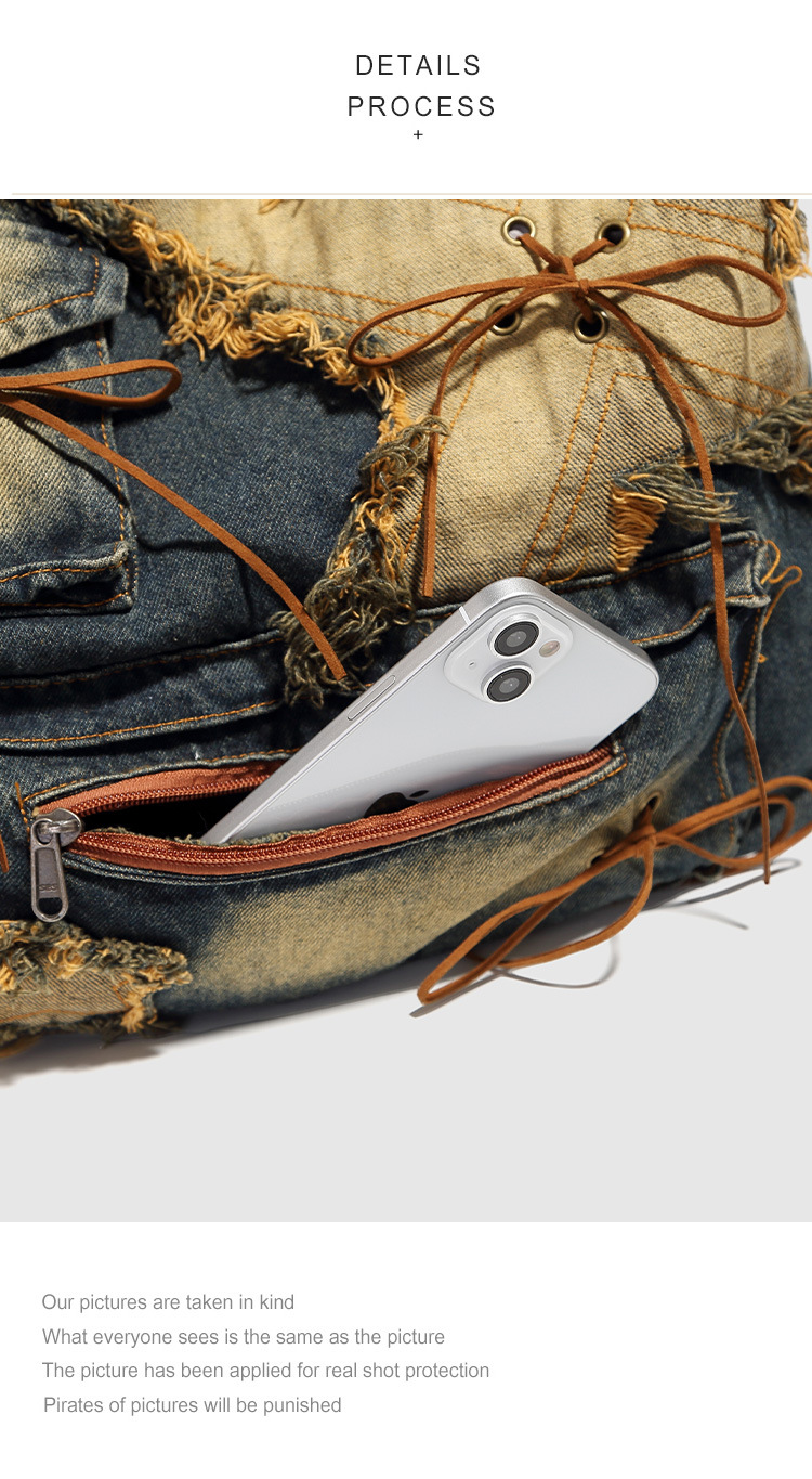 Women's Large Denim Solid Color Elegant Streetwear Sewing Thread Square Zipper Shoulder Bag