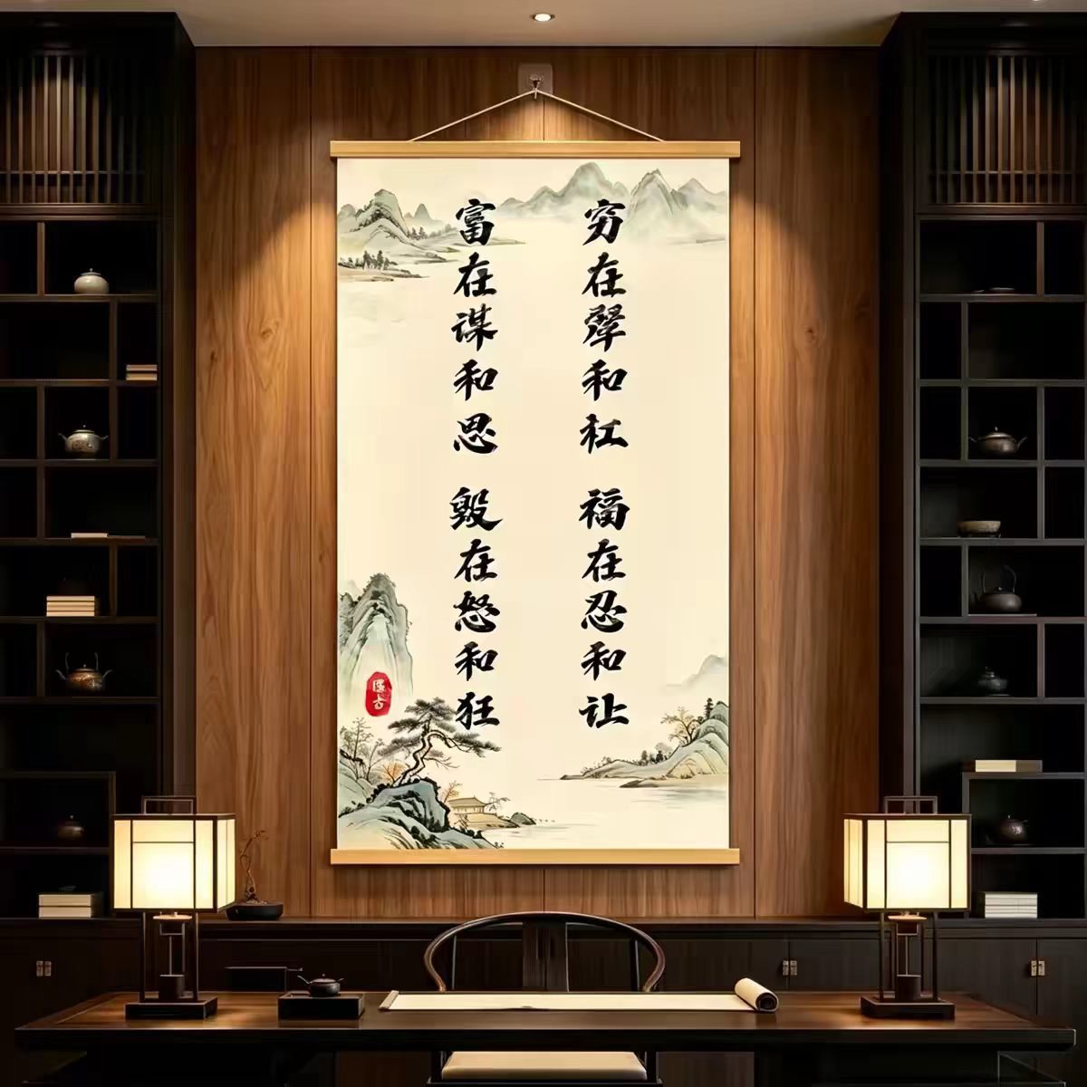 【Fortune Lies in Tolerance and Giving】New Chinese-Style Inspirational Calligraphy Hanging Painting for Study Room and Living Room Decoration, Calligraphy Scroll, Home Decor