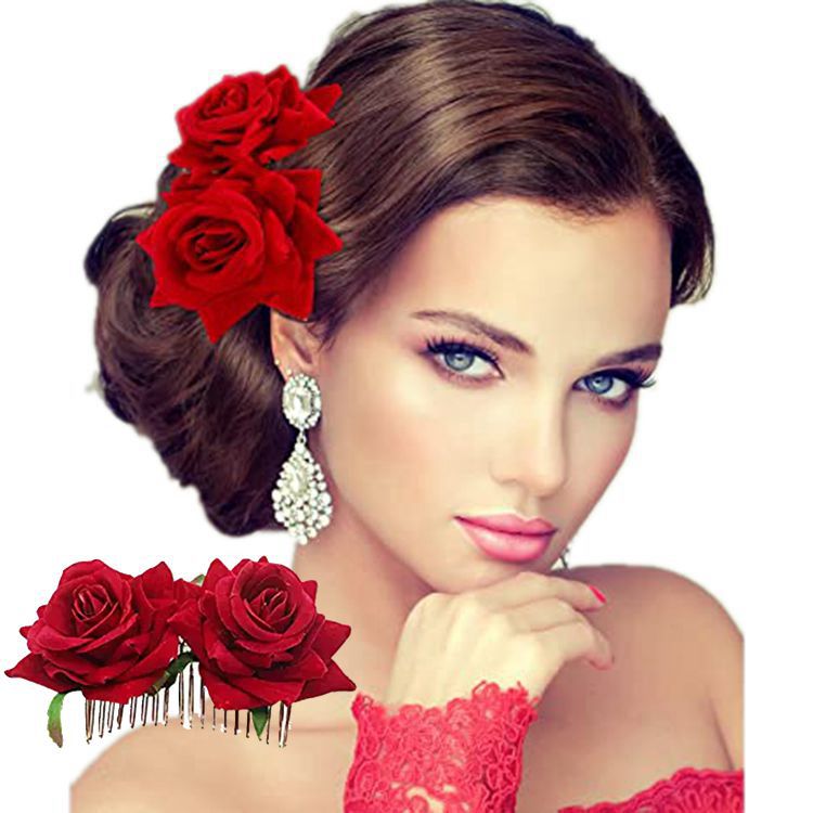 Cross-Border Velvet Rose Hair Comb, Vintage Bridal Hairpin, Burgundy Rolled Edge Double Artificial Flower Hair Accessory for Women