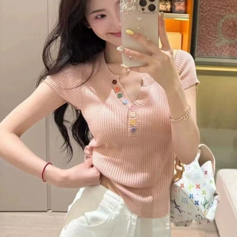 Новые летние полноцветные модные шикарные топы для похудения в корейском стиле, красочные пуговицы с v-образным вырезом, милый трикотаж