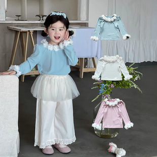 Wheatfield Season 25 Spring and Autumn New Korean Style Girls' Clothing Three-Dimensional Flower Long-Sleeved Bottoming Shirt Children's Princess Sweet Top