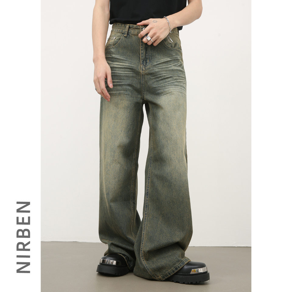 Quần jean nam ống rộng ống đứng dáng suông, vải denim giặt nước hiệu ứng râu mèo — Xanh cổ điển