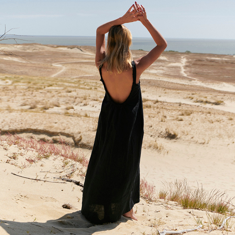 【Clearance Sale】Linen Strap Fringe Long Dress for Women, Loose Fit, Long Dress, Vacation Sexy Style Summer Dress