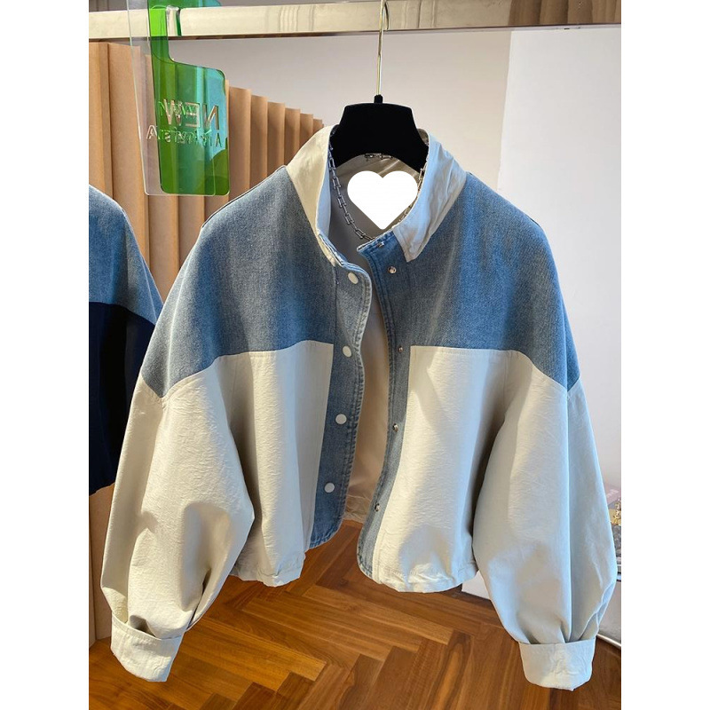European Denim Splicing Stand Collar Jacket for Women Spring and Autum 2025 New Loose Casual Versatile Short Jacket Top European Denim Splicing Stand Collar Jacket for Women Spring and Autum 2025 New Loose Casual Versatile Short Jacket Top