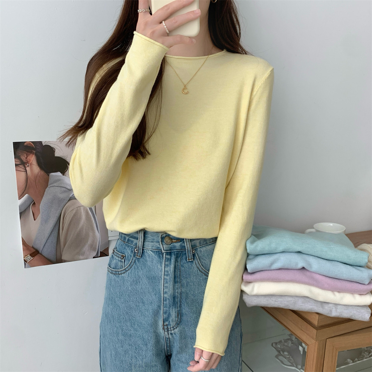 Goose Yellow Color-Enhancing Simple Round-Neck Long-Sleeve Knit Sweater for Women, Spring 2026, Soft and Cozy Inner Layer with Rolled Edges
